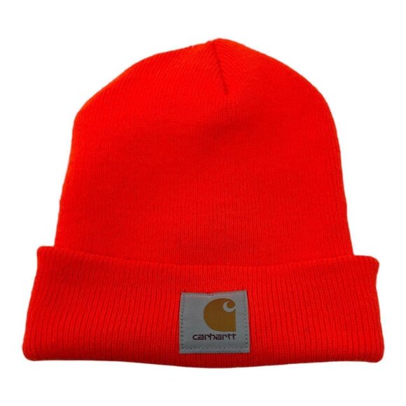 Carhartt Neon Orange Logo Tag‎ 100% Acrylic Knit Beanie Hat OSFA - Picture 1 of 3